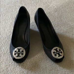 Tory Burch black leather peep toe wedge